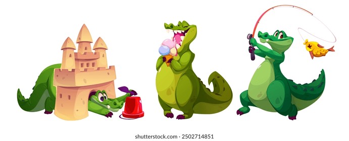 Comic crocodile characters set isolated on white background. Vector cartoon illustration of cute green reptile building sand castle, playing on beach, eating ice cream, fishing, zoo mascot collection