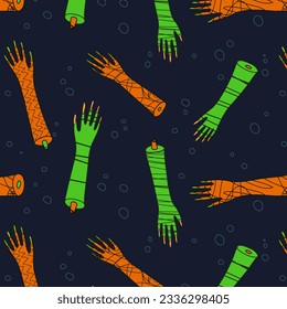 Comic cut off cartoon hands and bubbles floating on dark backdrop. Cartoonish spooky repeat pattern for Halloween celebration; hand drawn surface design.