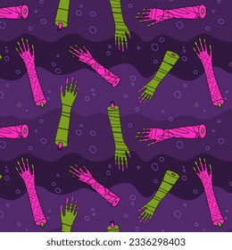 Comic cut off zombie hands floating on dark purple wavy backdrop. Colorful saturated seamless pattern for Halloween celebration.