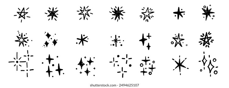 Comic cute doodle monochrome stars bursting sparkling stars collection set. Fireworks holiday silhouettes.