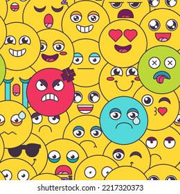 Comic cute emoji emotion seamless pattern vector. Emoticon smile angry and lovely, smiling and crying, crying and frustrated, cool and kissing with love. Expression face flat cartoon illustration