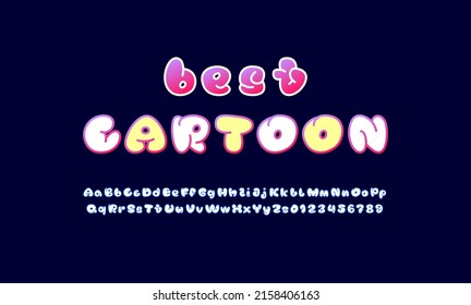 Comic cute font, colored alphabet in the cartoon style, uppercase and lowercase letters and numbers