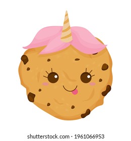 Comic, cute kawaii cookie unicorn with horn, chocolate chips in cartoon style isolated on white background. Delicious character, dessert