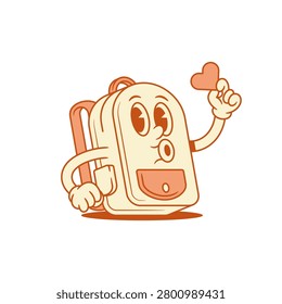 Comic cute schoolbag back to school cartoon character with heart isometric vector illustration. Funny cheerful backpack bag pupil education study minimalist mascot enamored love like Valentine's Day