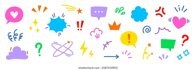 Comic cute speech bubble cartoon effect element icon set. Comic cute speech bubble, emoji, star spark, line movement cartoon vector icon. Outline doodle heart, arrow, funny spark. Vector illustration