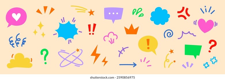 Comic cute speech bubble cartoon effect element icon set. Comic cute speech bubble, emoji, star spark, line movement cartoon vector icon. Outline doodle heart, arrow, funny spark. Vector illustration