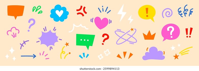 Comic cute speech bubble cartoon effect element icon set. Comic cute speech bubble, emoji, star spark, line movement cartoon vector icon. Outline doodle heart, arrow, funny spark. Vector illustration