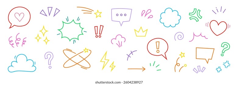 Comic cute speech bubble cartoon element icon set. Comic cute speech bubble, emphasis, star spark, line movement cartoon vector icon. Outline doodle speed motion, funny spark. Vector illustration