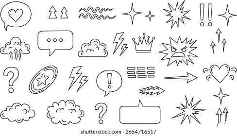Conjunto de iconos de elemento de dibujos animados de burbuja de discurso lindo cómico. Burbuja linda del discurso del cómic, énfasis, chispa de la estrella, icono del Vector de la historieta del movimiento de la línea. Esquema doodle movimiento de velocidad, chispa divertida.