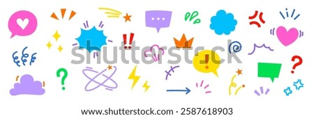 Comic cute speech bubble cartoon effect element icon set. Comic cute speech bubble, emoji, star spark, line movement cartoon vector icon. Outline doodle heart, arrow, funny spark. Vector illustration