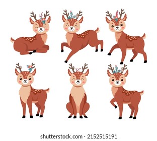 Comic deer in different poses vector illustrations set. Reindeer or fawn cartoon character, wild animal with antlers and little tail isolated on white background. Wildlife, Christmas concept