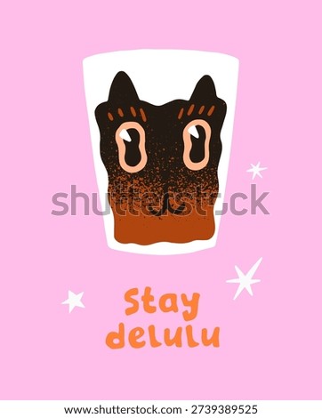 Comic design of greeting card with cute cat looking through glass of water. Funny postcard with silly muzzle of kitty in cup. Layout with kitten face, amusing animal. Flat vector illustration