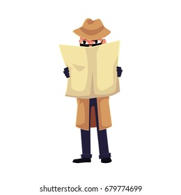 Comic detective character spying on somebody, hiding behind newspaper, cartoon vector illustration isolated on white background. Full length portrait of funny detective character at surveillance work
