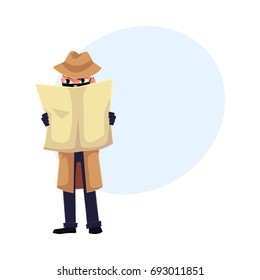 Comic detective character spying on somebody, hiding behind newspaper, cartoon vector illustration with space for text. Full length portrait of funny detective character at surveillance work