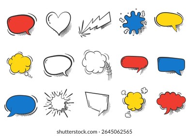 Balão de diálogo cômico com texto splash pensando bolha comunicação mensagem cartoon wow gritando bang estilo retro humor meio-tom banner desenho falando ilustração


