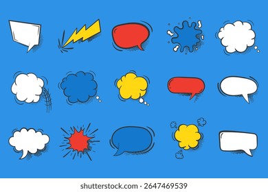 Balão de diálogo cômico com texto splash pensando bolha comunicação mensagem cartoon wow gritando bang estilo retro humor meio-tom banner desenho falando ilustração

