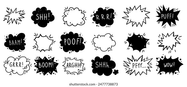 Comic dialogue freehand speech bubbles explosion bomb splash boom cloud hand drawn set collection