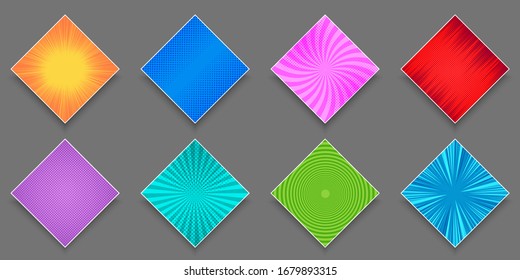 Comic diamonds colorful set with rays radial halftone circles dotted effects. Isolated vector illustration
