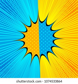 Comic divided template with two yellow and blue sides, separated speech bubble, halftone and rays humor effects. Vector illustration