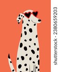 Comic dog adorable puppy characters vector. Funny dalmatian with heart shaped glasses. doggy illustration. Colorful orange background. Sneaky human friends pets.