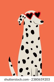 Comic dog adorable puppy characters vector. Funny dalmatian with heart shaped glasses. doggy illustration. Colorful orange background. Sneaky human friends pets.