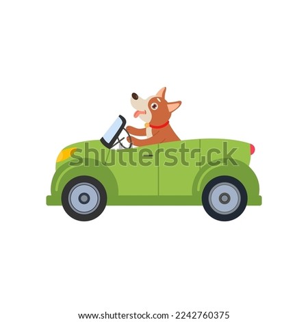 Comic dog in car vector illustration. Cute funny dog cartoon character riding car. Transportation concept