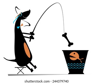 Comic dog fishes in a bucket