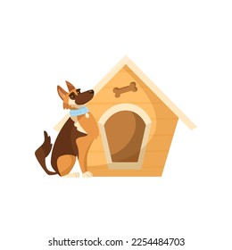 Comic dog sitting next to wooden kennel vector illustration. Cartoon drawing of canine character with doghouse isolated on white background. Nature, pets, domestic animals concept