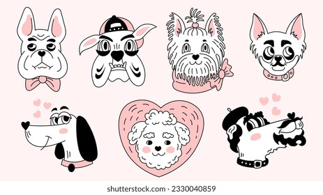 Comic dogs set. Cartoon doodle style various breeds puppies collection. Vector illustration for print, card, poster, banner, kid