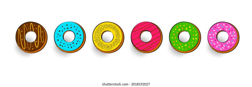 Comic donuts vector icon, cartoon doughnut set isolated on white background, colorful cake dessert. Food illustration