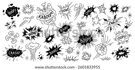 Comic doodle boom. Cartoon line explosion pop bang effect with speech bubble and puff cloud. Vector sketchy fight explosion graphic collection.