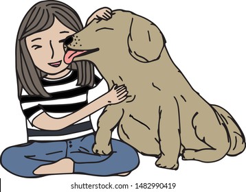 Comic doodle colored hand draw vector is in concept of dog adoption or greeting with love. A cute golden retriever dog or Labrador breed licks owner's face and show its paw to say hi with the kids. 