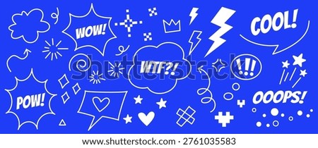 Comic doodle elements set with speech bubbles, hearts, stars and lightning. Bold pop art Y2K style icons with WOW, WTF, POW text. Trendy social media stickers for ads, banners and digital design