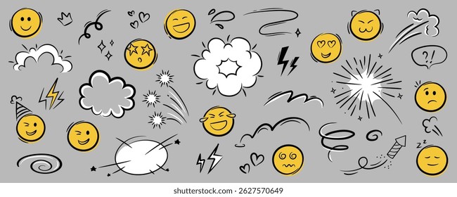 Comic doodle emoji set vector icon. Cartoon effect motion line element set. Fireworks, lightning, stars, heart. Hand drawn sketch doodle action effect. 