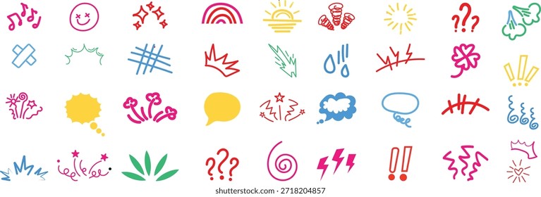 Expresión de doodle cómico. Efecto manga de dibujos animados, burbuja de discurso, flecha de relámpago, idea de bombilla, amor y shock, símbolo expresivo emoji enojado. Espiral, lágrimas y estrellas.