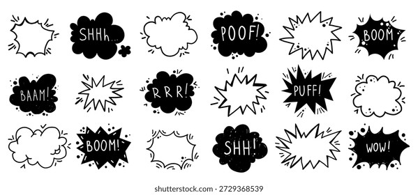 Conjunto de burbujas de discurso de Vector de línea dibujada a mano de doodle cómico. El discurso de texto nubla la colección creativa. Elementos de conversación de diálogo.