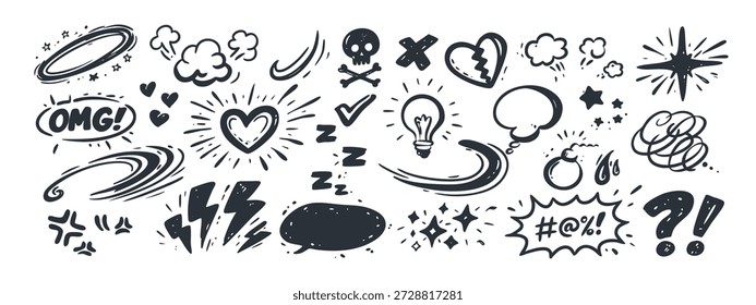 Comic doodle line set with anime expressions and movement effect icons, dynamic hand-drawn elements for emotional design. These expressions movement doodle graphics look energetic.
