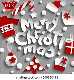 Comic Doodle Merry Christmas and Flat Festive Gifts. Imitation of Paper with Long Shadows on Grey Background. Congratulation