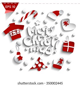 Comic Doodle Merry Christmas and Flat Festive Gifts. Imitation of Paper with Long Shadows. Congratulation