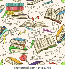 Comic doodle seamless pattern of books and children's scribbles