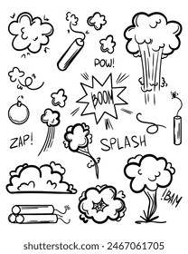 Estilo de dibujo de garabato cómico. Explosión dibujada a mano, elemento bomba. Burbuja de discurso de explosión con texto de pow, boom, omg. Ilustración vectorial.