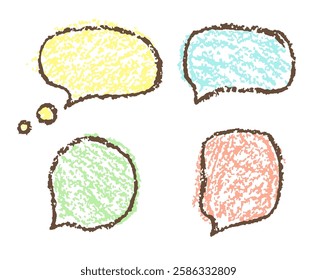 Comic doodle speech dialogue bubble set. Colorful talk design element. Crayon chalk hand drawn cartoon thought bubble. Group of funny vector balloon for text copy space