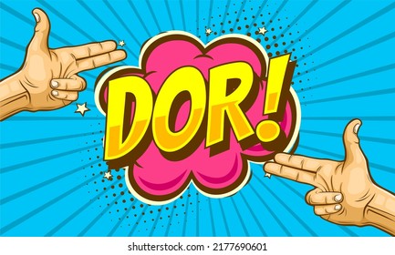 Comic dor text illustration with hand gesture background