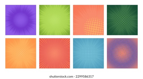 Comic dot background collection. Colorful horizontal line and radial strip with funny comic effect and decorative pattern. Vector isolated set. Pop art backdrops for magazines about superhero