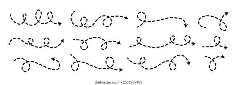Comic gepunkteter dünner Pfeil. Auflistung von wellenförmig gekrümmten Bindestrichen. Skizzenhafte Richtungslinien quetschen. Dots squiggle Loop Stripe Design Elemente Bundle für Flyer, Poster, Broschüre, Banner. Vektorgrafik