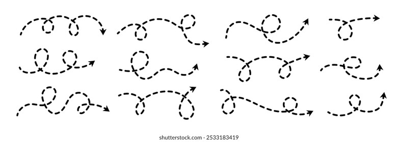 Comic gepunkteter dünner Pfeil. Auflistung von wellenförmig gekrümmten Bindestrichen. Skizzenhafte Richtungs- oder Trajektorielinien quetschen. Dots squiggle Loop Stripe Elemente Paket für Flyer, Poster, Broschüre, Banner. Vektorgrafik