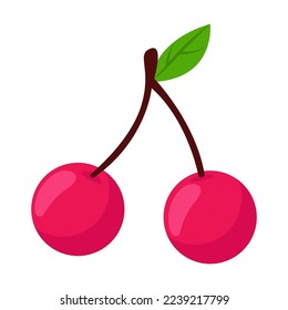 Comic double cherry berry with green leaf vector illustration. Cartoon isolated on white background. Summer, vacation concept