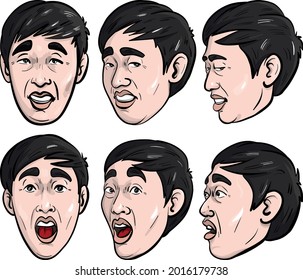 comic drawing of an asian male head in different angles and emotions.