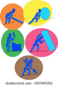 Comic drawing of blue mens action as to push, pull, dig, to build,to raise