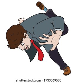 Comic drawing of a businessman wearing a suit and red tie who falls or jumps forward. isolated, white background.